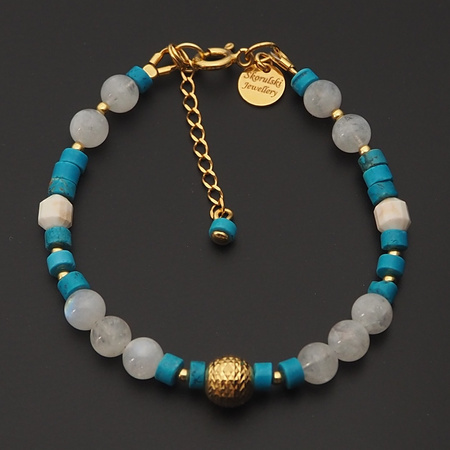 Bransoletka - Kamień Księżycowy, Turkus, Howlit i srebro złocone