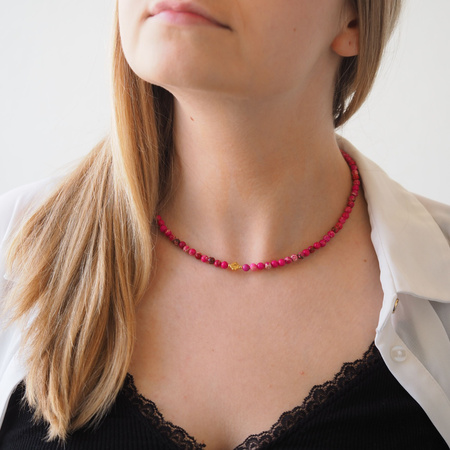 Naszyjnik z czterolistną koniczyną - Jaspis cesarski różowy i srebro złocone