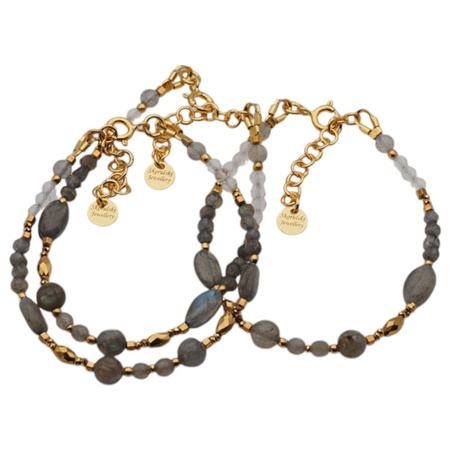 Bransoletka - Labradoryt, kryształ górski hematyt i srebro złocone