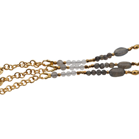 Bransoletka - Labradoryt, kryształ górski hematyt i srebro złocone