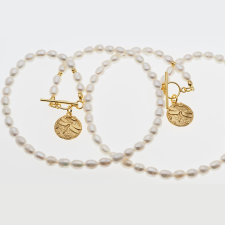 Naszyjnik z ważką - Białe Perły hodowane i srebro złocone