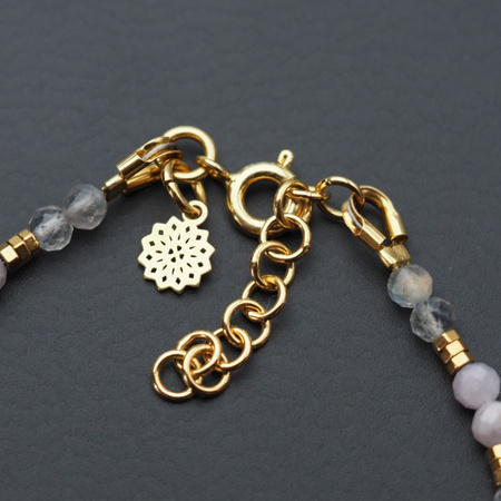 Bransoletka - Labradoryt, Kunzyt, Hematyt i srebro złocone