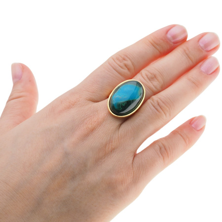 Pierścionek regulowany - Turkus z malachitem owalny w złoconym srebrze młotkowanym