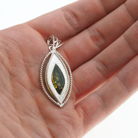 Zawieszka - Bursztyn zielony markiza w srebrze