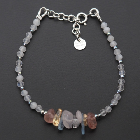 Bransoletka - Kamień Księżycowy, Kwarc, Cytryn, Hematyt kostki i srebro