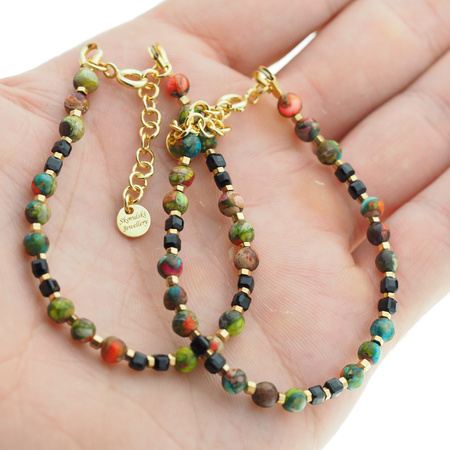 Bransoletka z kolorowym Jaspisem cesarskim, czarnym Turmalinem i złoconym Hematytem – srebro pozłacane 24k