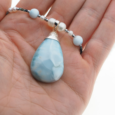 Naszyjnik z zawieszką - Larimar, Perła, Turmalin niebieski i srebro 