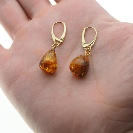 Kolczyki - koniakowy Bursztyn łzy i srebro złocone