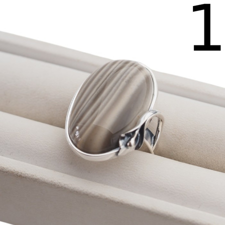 Srebrny pierścionek z Krzemieniem Pasiastym – srebro oksydowane 925, motyw liścia