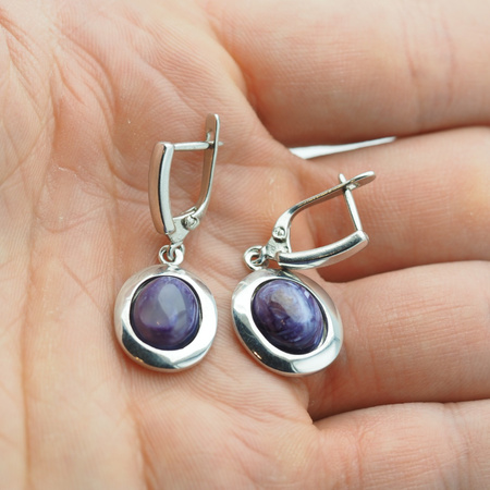 Kolczyki z owalnymi czaroitami w srebrze rodowanym