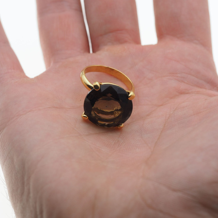 Pierścionek - Kwarc dymny okrągły (szlif diamentowy) w srebrze złoconym