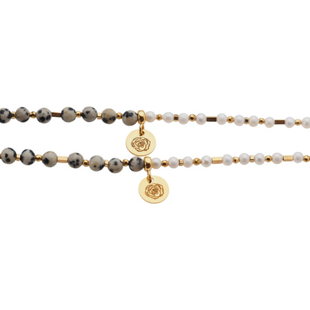 Bransoletka z Perłami i Jaspisem Dalmatyńskim – srebro pozłacane 24k, ręcznie robiona, zawieszka kwiat