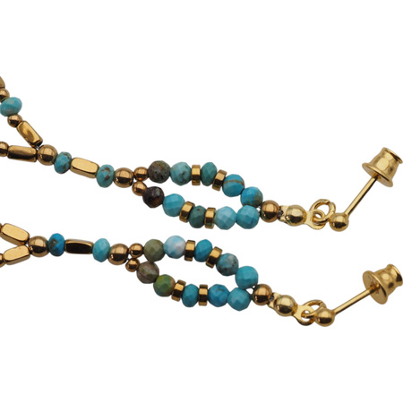 Kolczyki wiszące sztyfty - Turkus, Hematyt i srebro złocone