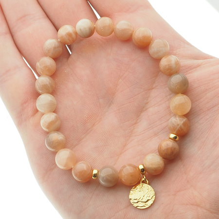 Bransoletka 18,5 cm - Kamień Słoneczny kulki 8mm i srebro złocone