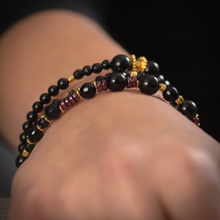 Bransoletka - Turmalin czarny, Granat, i srebro złocone