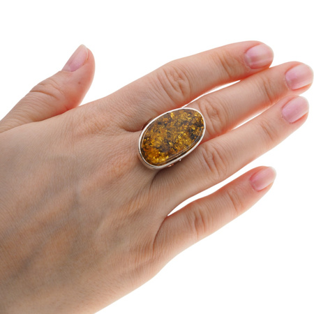 Pierścionek regulowany z Bursztynem Zielonym w srebrze