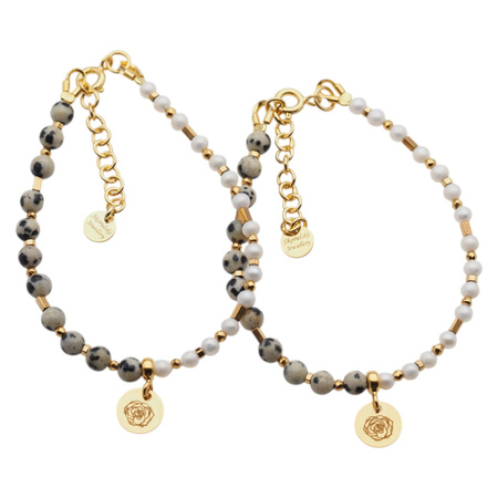 Bransoletka z Perłami i Jaspisem Dalmatyńskim – srebro pozłacane 24k, ręcznie robiona, zawieszka kwiat