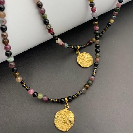 Naszyjnik regulowany - Turmalin kolorowy kulki, zawieszka słońce i srebro złocone