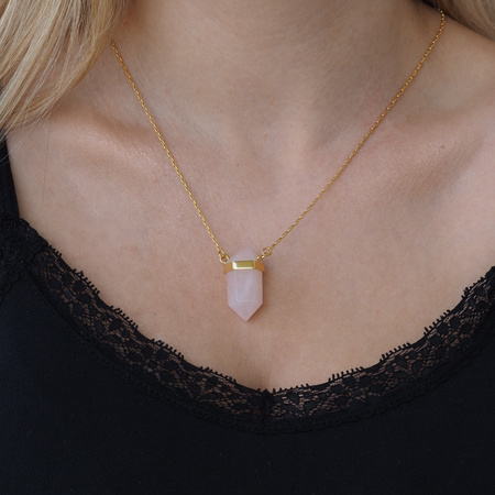 Naszyjnik - Kwarc Różowy sopel w okuciu na łańcuszku