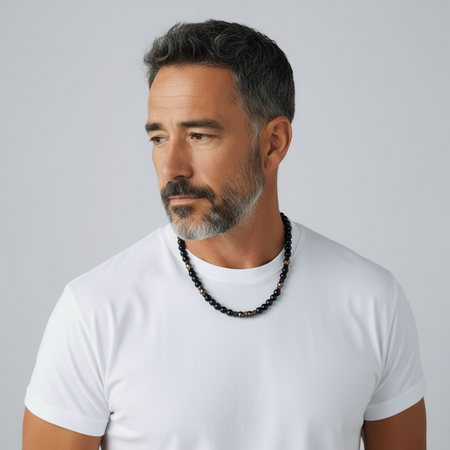 Naszyjnik męski - turmalin czarny, tygrysie oko, hematyt