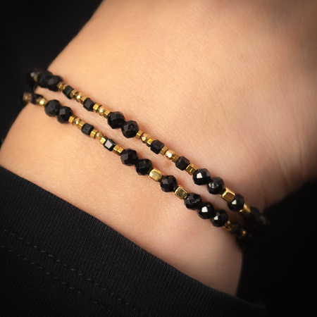 Bransoletka - cięty Turmalin czarny. Hematyt i srebro złocone