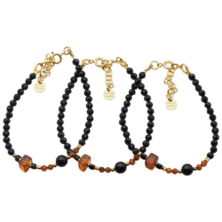 Bransoletka - Turmalin czarny, Bursztyn, Granat brązowy i srebro złocone