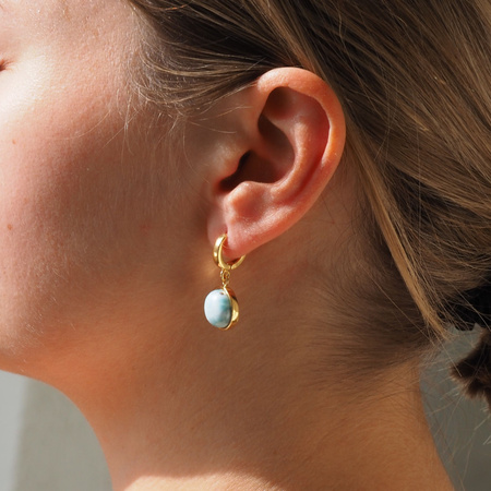 Kolczyki - Larimar okrągły 11-12 mm w srebrze złoconym