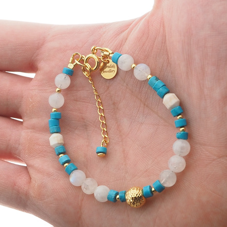 Bransoletka - Kamień Księżycowy, Turkus, Howlit i srebro złocone