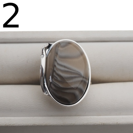 Srebrny pierścionek z Krzemieniem Pasiastym – srebro oksydowane 925, motyw liścia