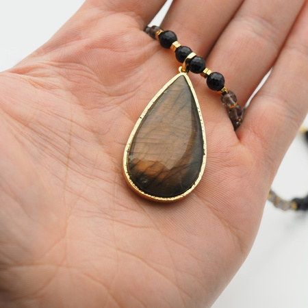 Naszyjnik z Labradorytem, Turmalinem i Kwarcem Dymnym – ręcznie wykonany, srebro pozłacane 925