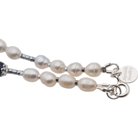 Naszyjnik długi - Perły białe, czarne, hematyt i srebro