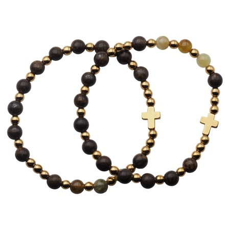 Bransoletka różaniec na gumce - Bronzyt, Zielony Granat, hematyt złocony