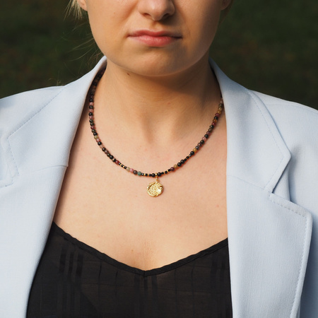 Naszyjnik regulowany - Turmalin kolorowy kulki, zawieszka słońce i srebro złocone