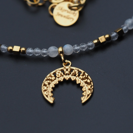 Naszyjnik - Kamień Księżycowy, Kryształ Górski, Hematyt, róg obfitości i srebro złocone