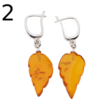 Kolczyki - koniakowy Bursztyn rzeźbione liście i srebro