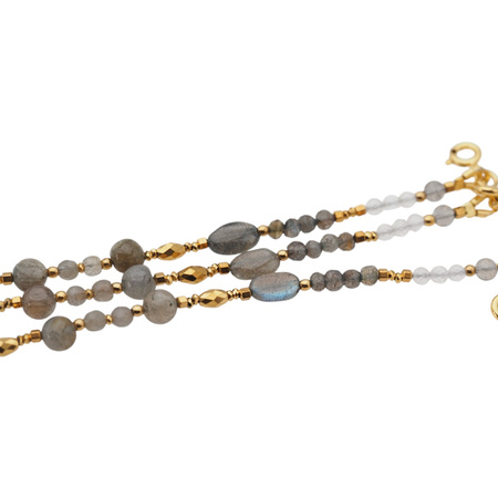 Bransoletka - Labradoryt, kryształ górski hematyt i srebro złocone