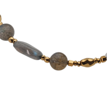 Naszyjnik - Labradoryt, kryształ górski hematyt i srebro złocone