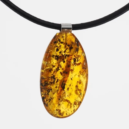 Naszyjnik  na rzemieniu - Bursztyn z łuskami i srebro