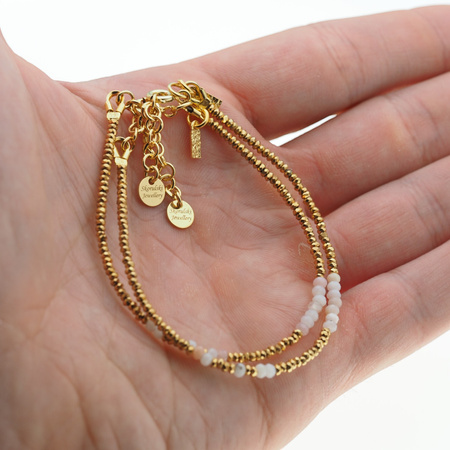 Bransoletka urodzeniowa kwiecień - opal różowy, złoty hematyt i srebro złocone