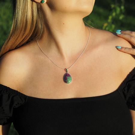 Zawieszka - Zoisyt z Rubinem łza w srebrze