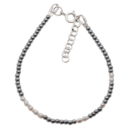 Bransoletka urodzeniowa czerwiec- białe perły, hematyt i srebro