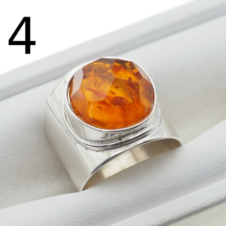 Pierścionek sygnet - Koniakowy Bursztyn fasetowany w srebrze (różne rozmiary)