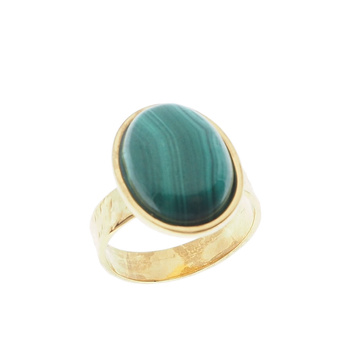 Pierścionek regulowany z owalnym Malachitem 16x12 w młotkowanym srebrze złoconym