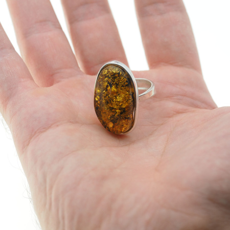 Pierścionek regulowany z Bursztynem Zielonym w srebrze