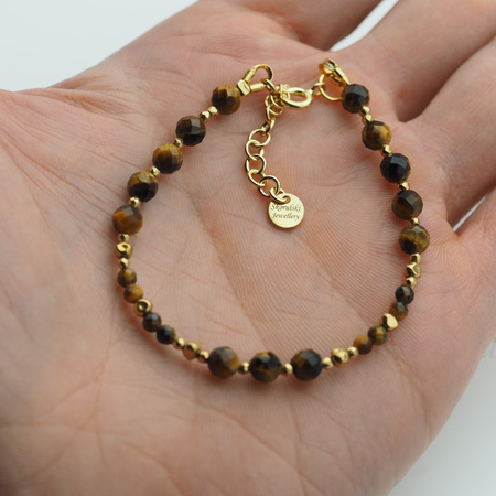 Bransoletka - Tygrysie Oko fasetowane kulki i srebro złocone