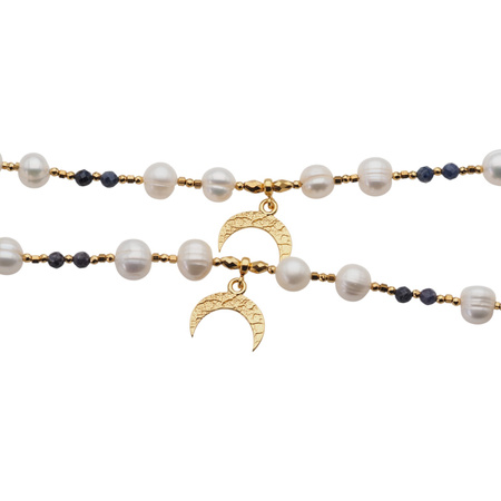 Naszyjnik - Białe Perły, Szafir, hematyt i srebro złocone