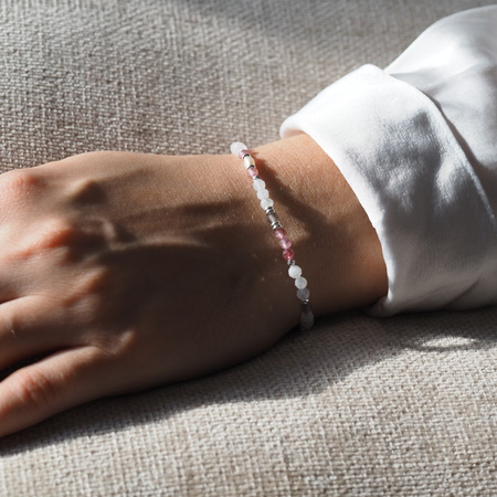 Bransoletka mix - Rubelit, Kamień Księżycowy, Perła i srebro