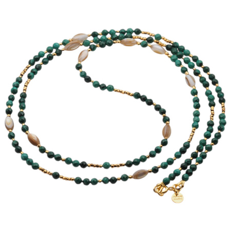 Naszyjnik długi - Malachit, muszla, hematyt i srebro złocone