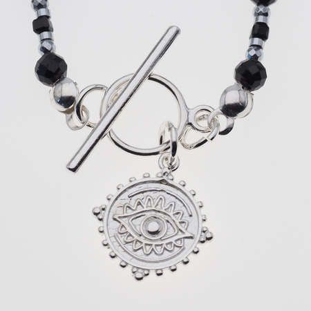Naszyjnik- Turmalin czarny kulki, zawieszka oko proroka i  srebro