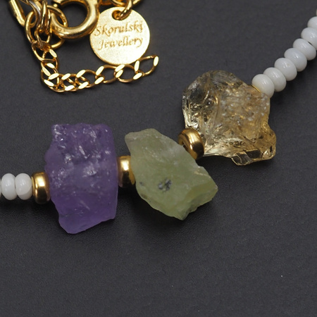 Naszyjnik regulowany - Koral biały i surowe kamienie - Prehnit, Cytryn, Ametyst